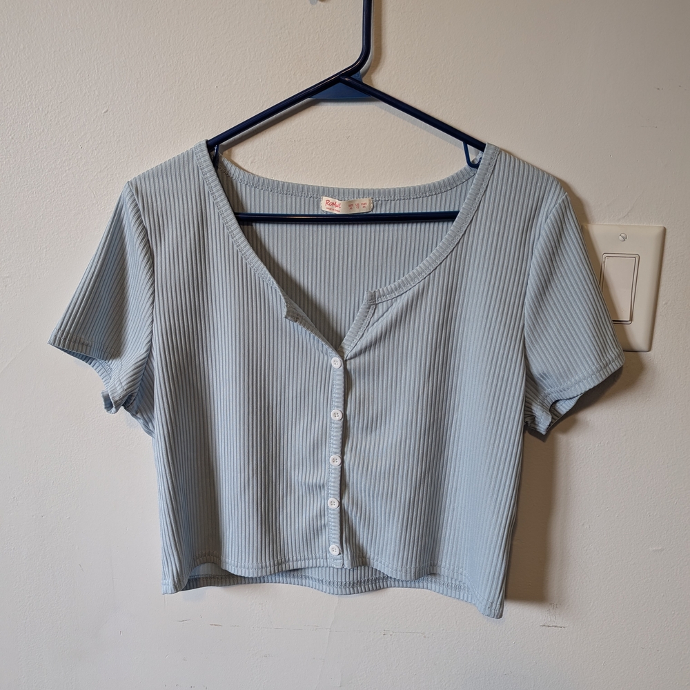 ROMWE Sky Blue Ribbed Button-Down Shirt